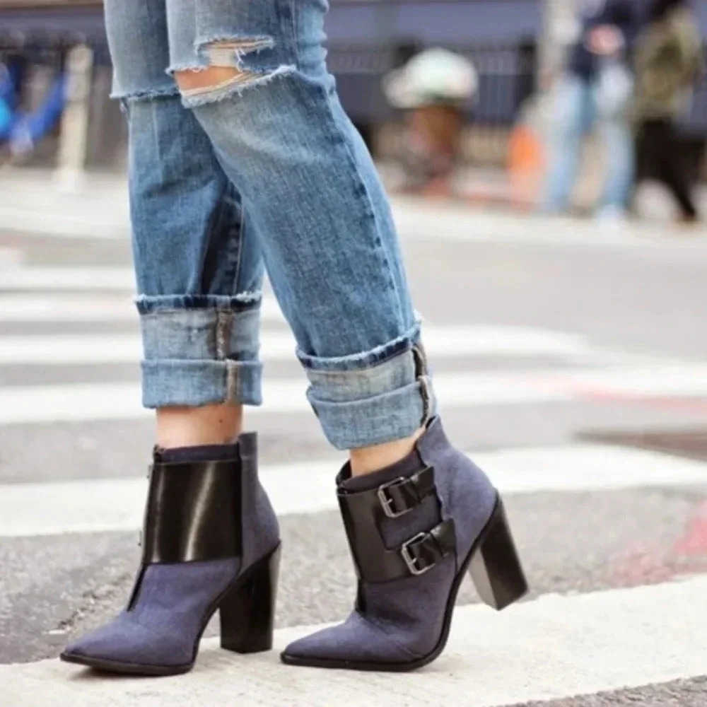 Tibi | Navy Blue & Black Piper Block Heeled Booties Sz 39.5